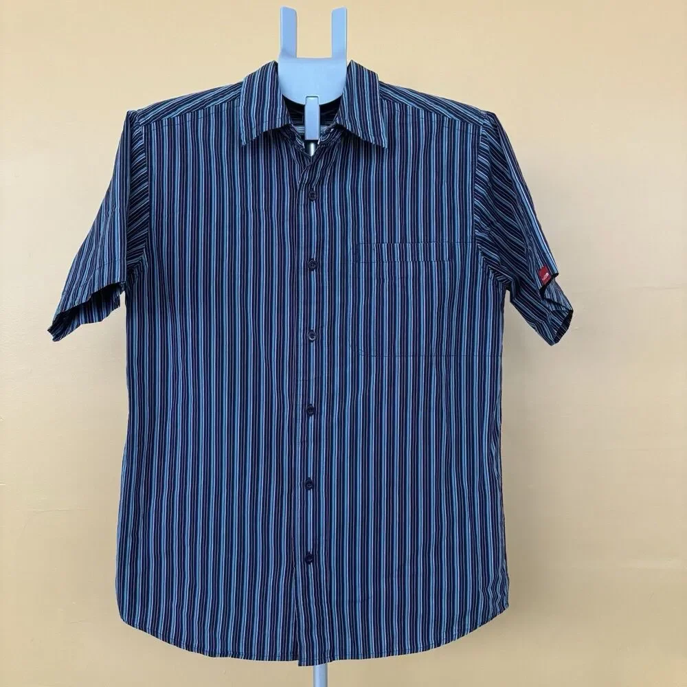 The North Face Men's Black and Blue Vertical Stripe Button-Down Shirt